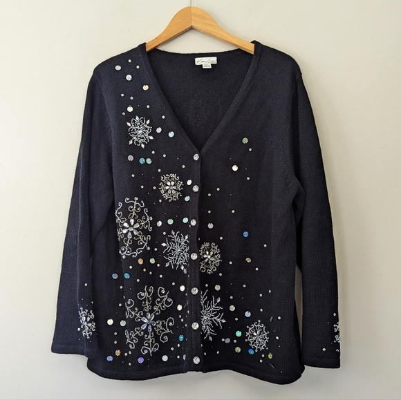 Vintage Sweaters - Vintage Holiday Beaded Sparkle Snowflake Cardigan Sweater Christmas